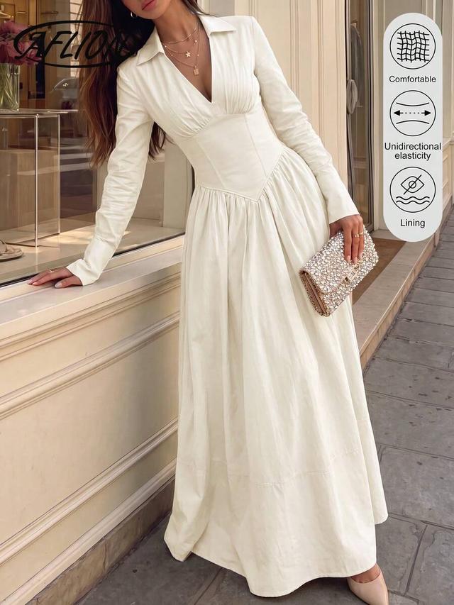 beige v-neck long sleeve button shirt dress