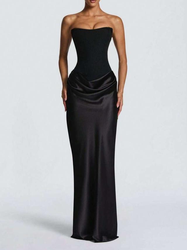 black strapless corset bodice satin maxi dress