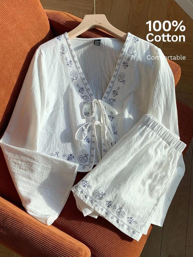 bohemian tropical cashew print tie front blouse and shorts