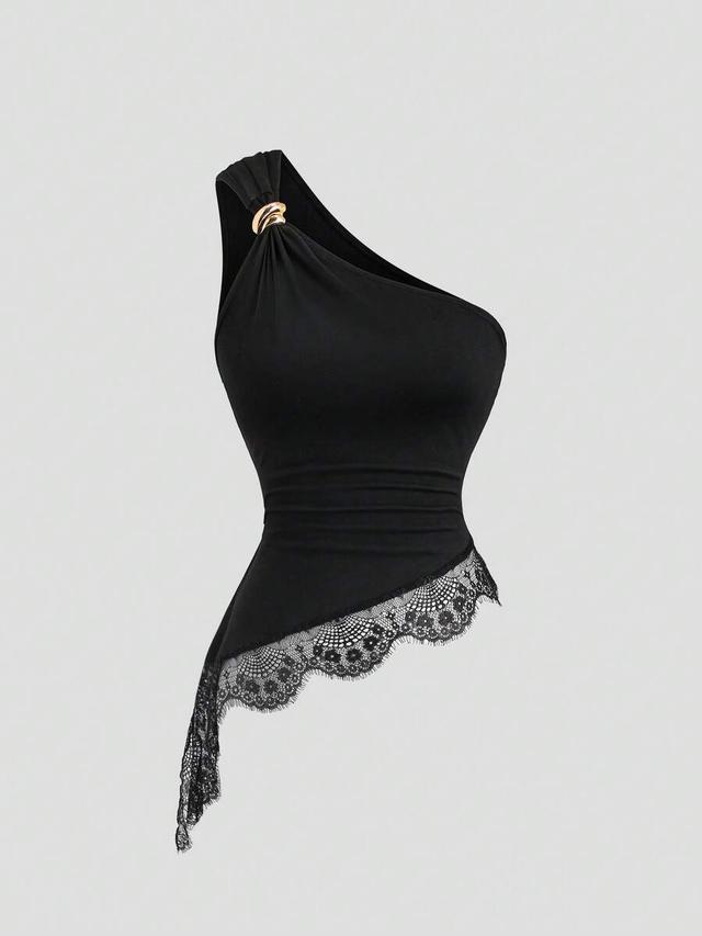 asymmetrical black lace trim sleeveless top with buckle