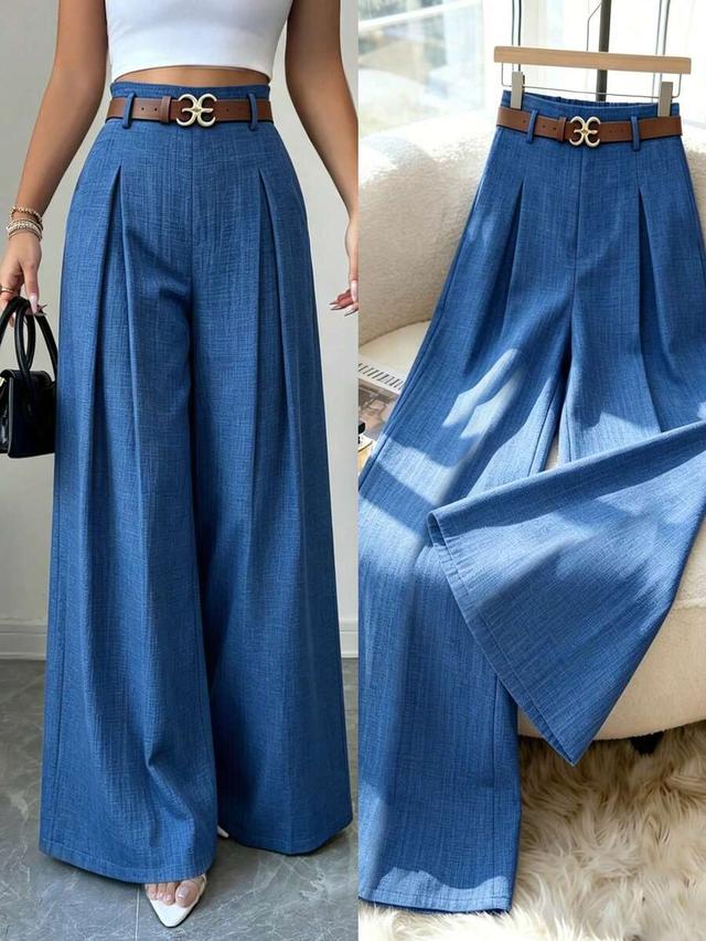 dusty blue high-waisted pleated wide leg trousers