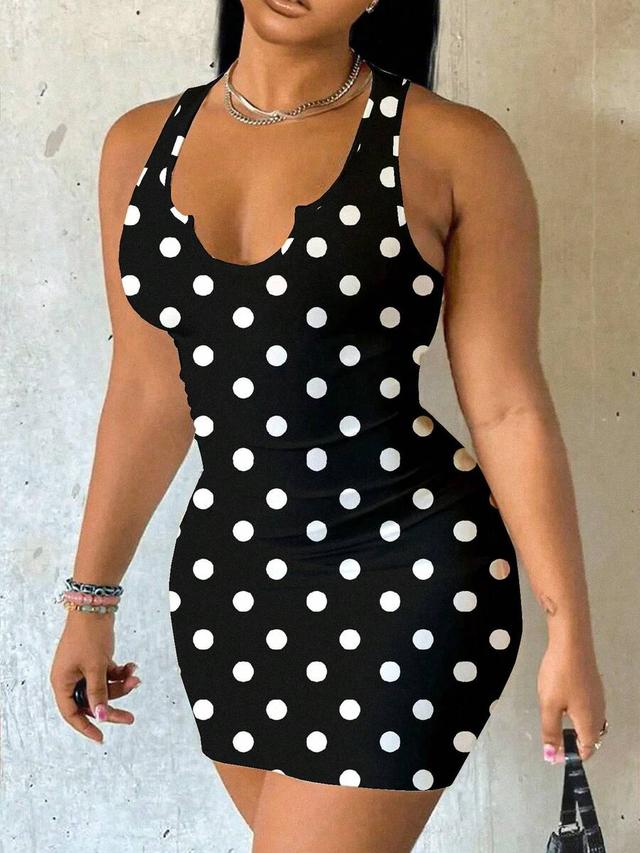 black and white polka dot sleeveless fitted mini dress