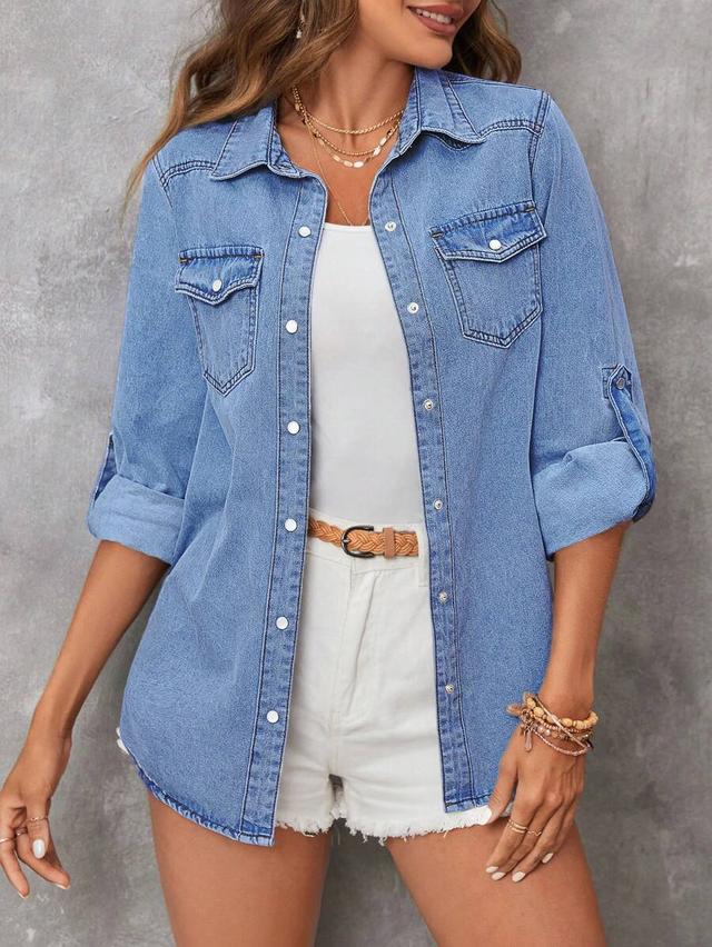 women's cuffed sleeve single-breasted casual loose denim top