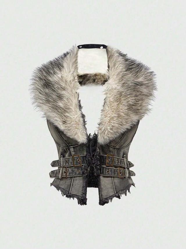 y2k grey denim vest with removable faux fur collar