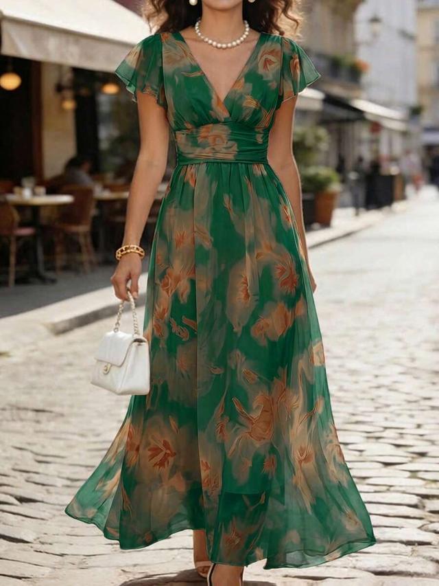 green floral print v-neck midi dress