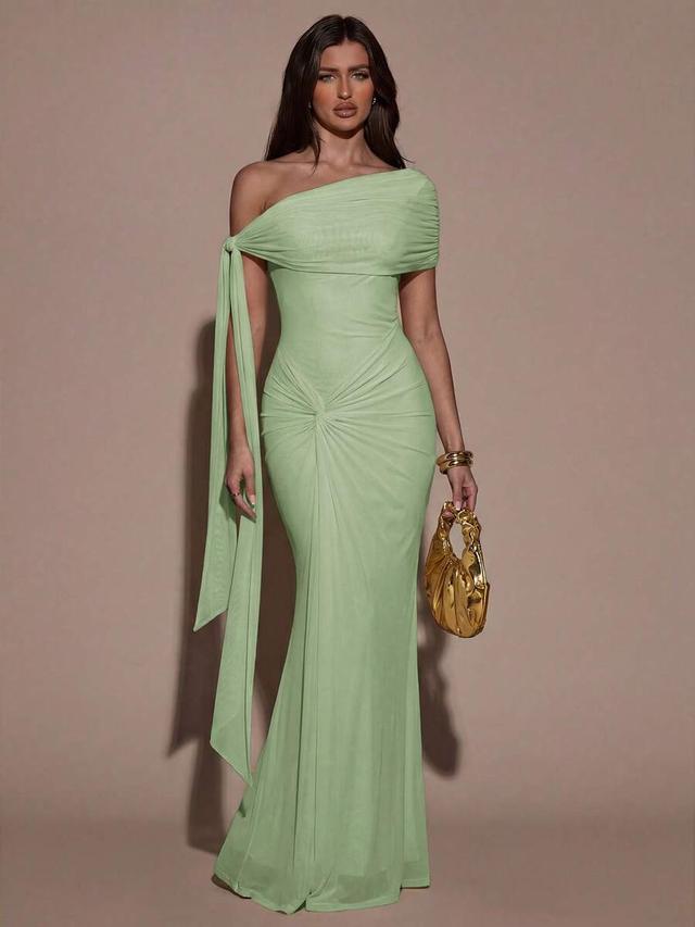 sage green one-shoulder draped mesh maxi dress