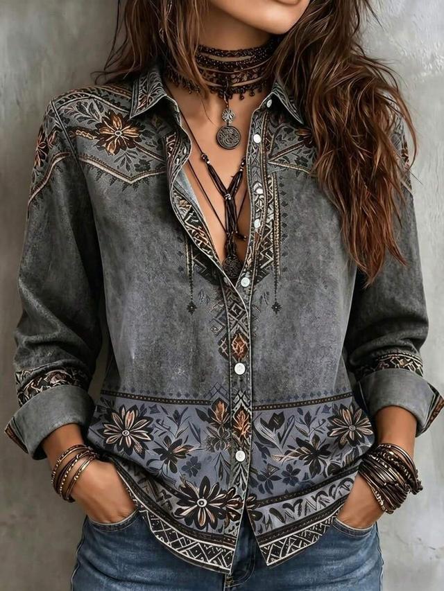 women's bohemian floral print long sleeve woven shirt