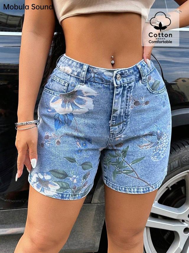 floral print high waisted denim shorts