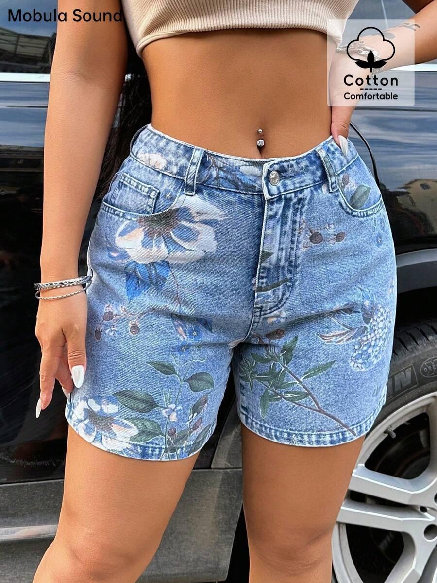 floral print high waisted denim shorts