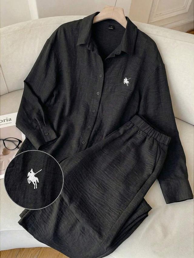 black linen blend horse embroidery shirt and pants set