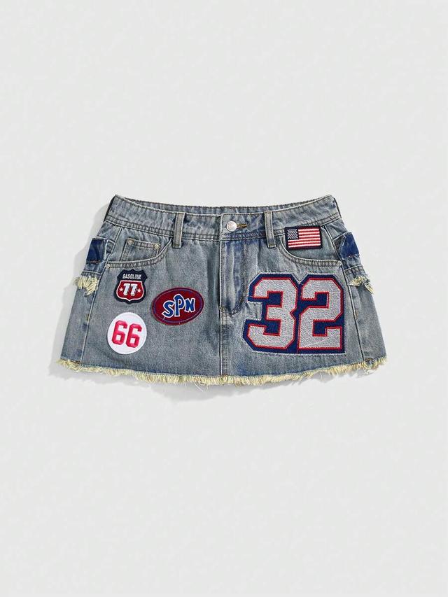 distressed denim mini skirt with varsity patches