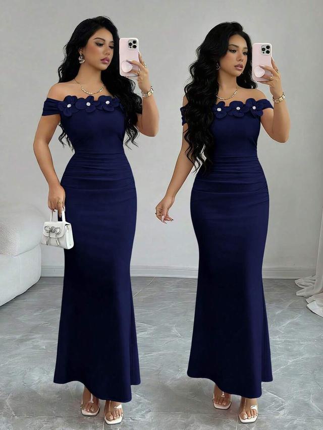 dark blue elegant navy off-shoulder ruched floral knit bodycon dress