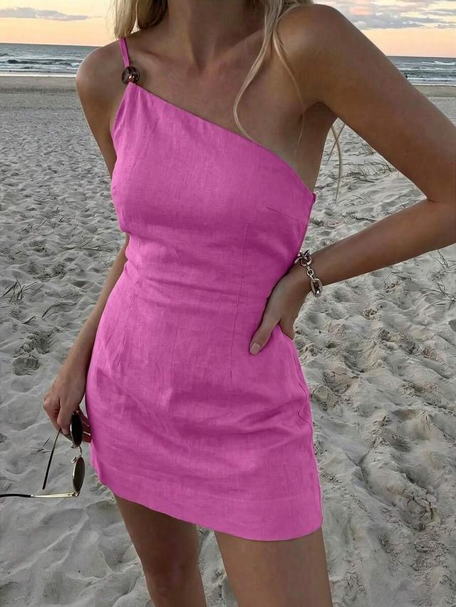 rose red one-shoulder linen blend mini dress