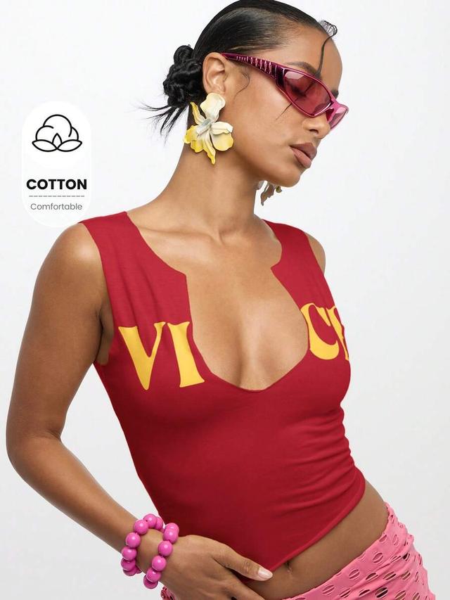 red notch neck cotton sleeveless tank top