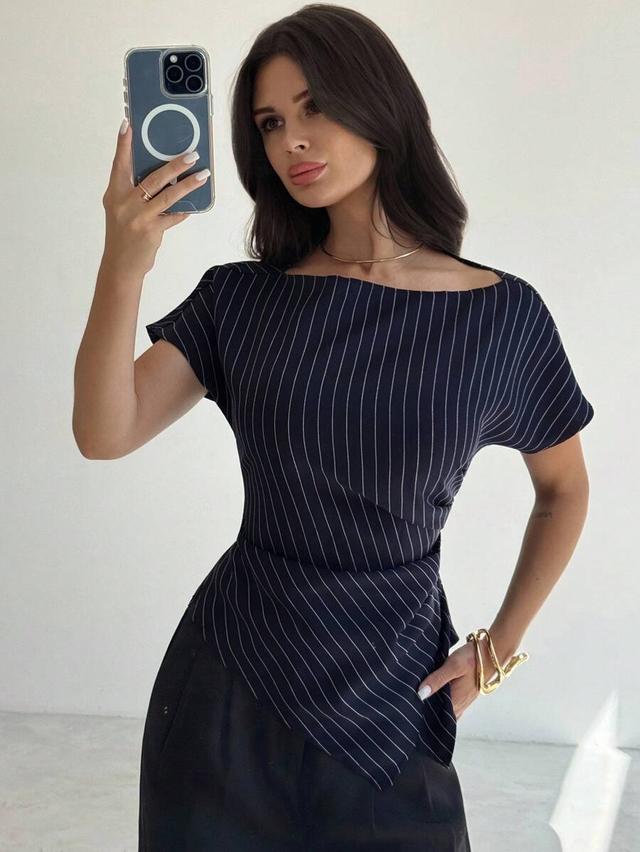 navy blue pinstripe asymmetric hem blouse