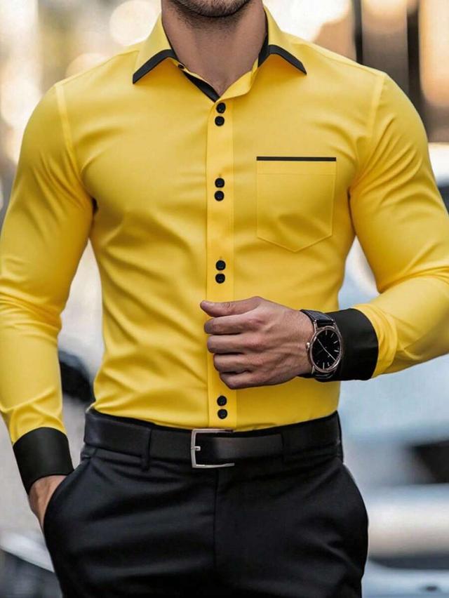 yellow long sleeve contrast collar button up shirt