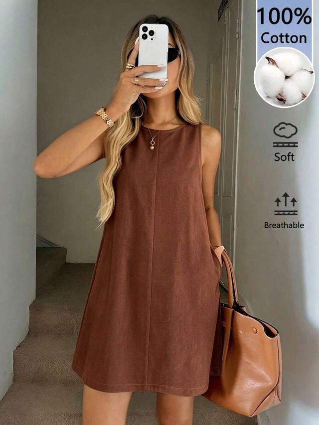 brown sleeveless a-line dress with quilted pockets