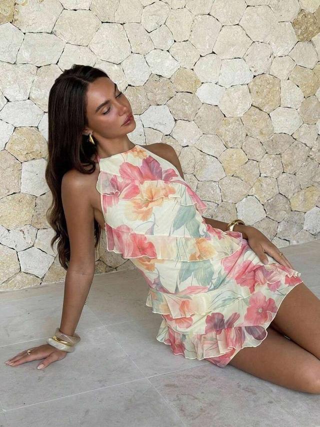 floral print ruffled backless mini dress