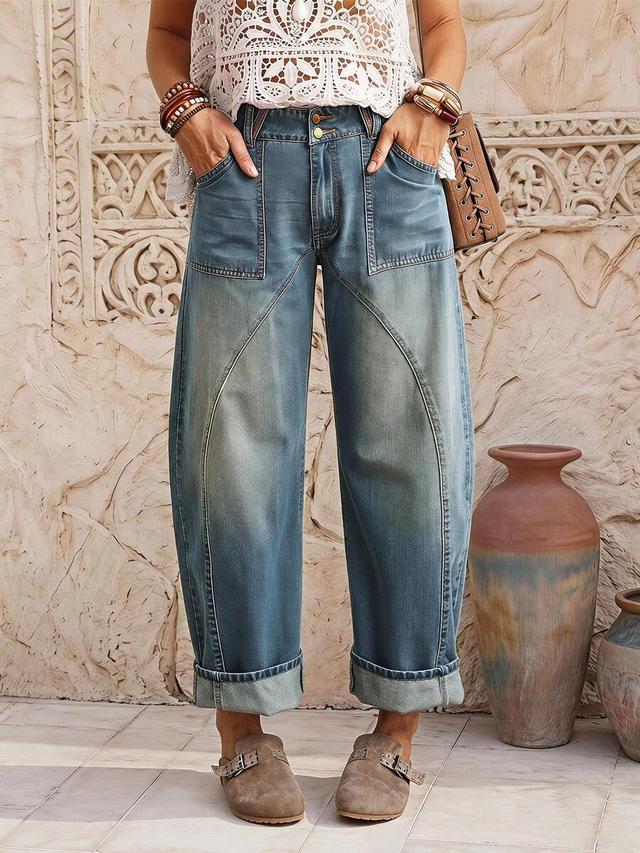 blue denim wide leg jeans with curved paneling