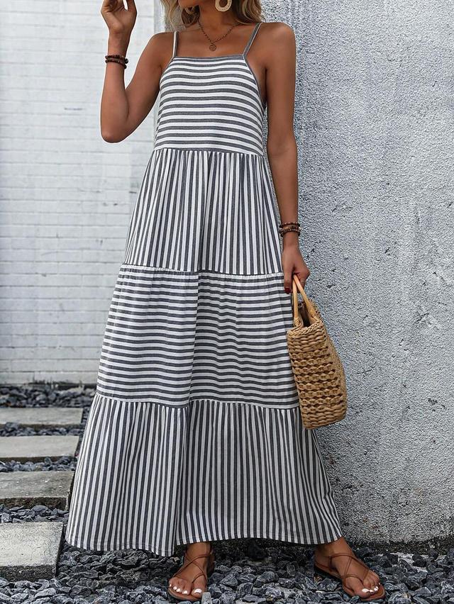 striped cotton tiered maxi dress