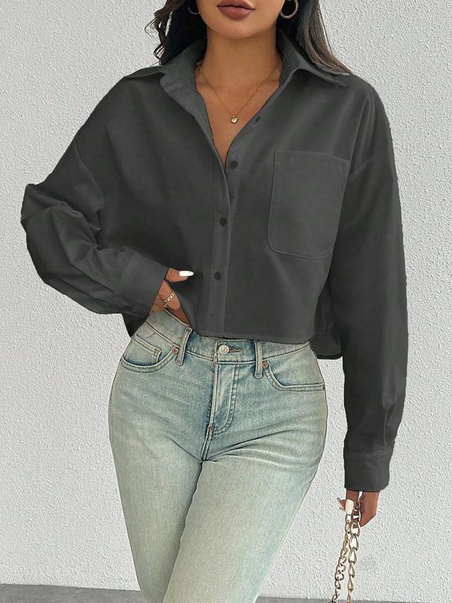 dark grey oversized cropped button-up shirt