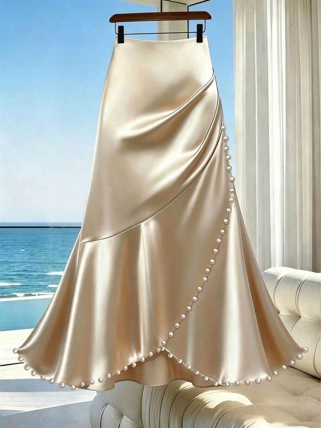 champagne gold satin mermaid skirt with pearl trim