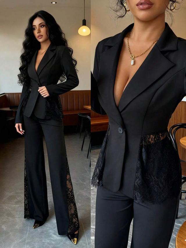 black single-breasted blazer and trousers with lace patchwork