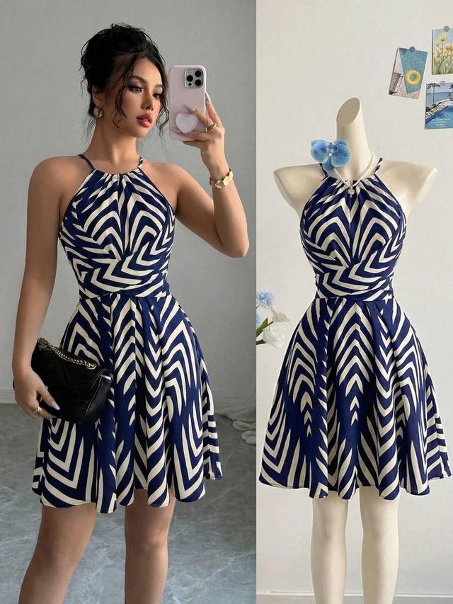 navy and white arrow print halter tie waist dress