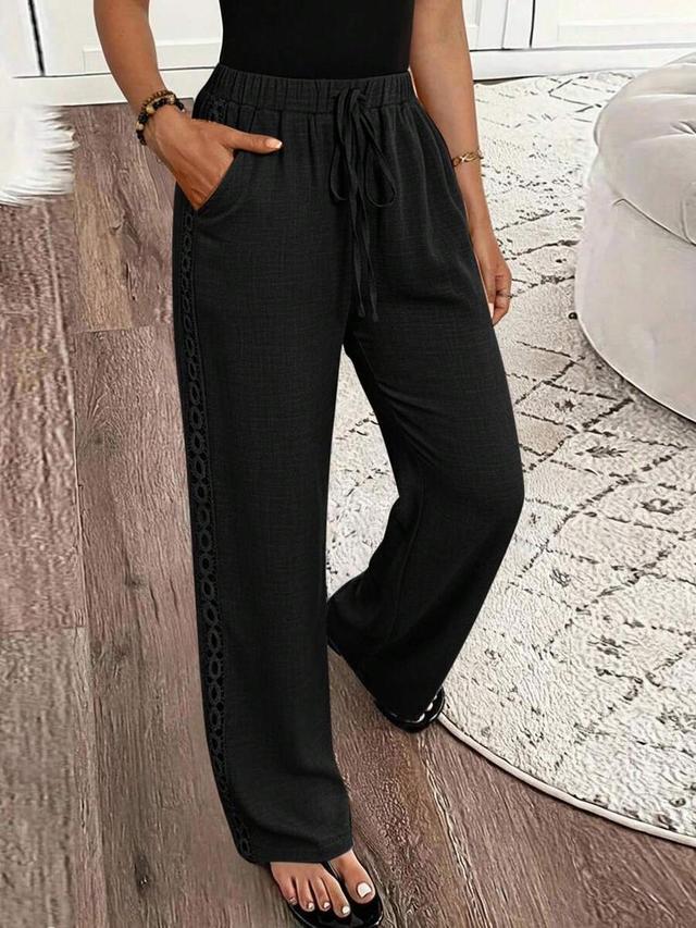 black linen blend side lace trim drawstring trousers