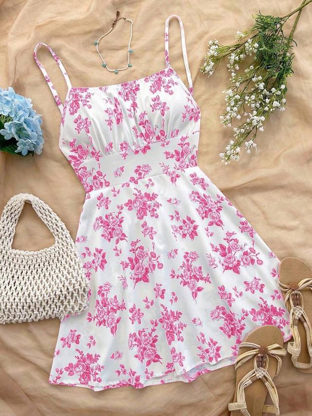 pink floral print spaghetti strap mini sundress