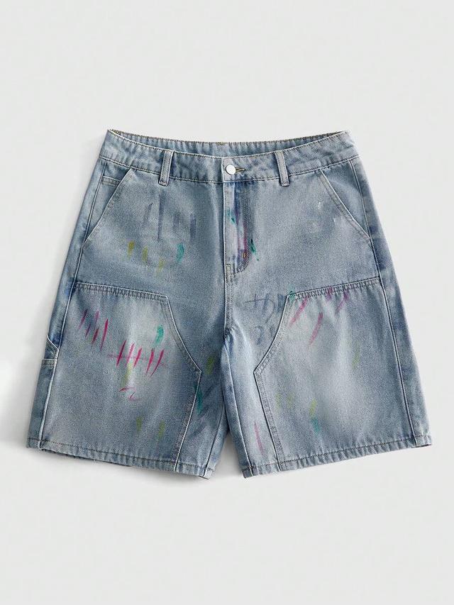 light wash graffiti print denim workwear shorts