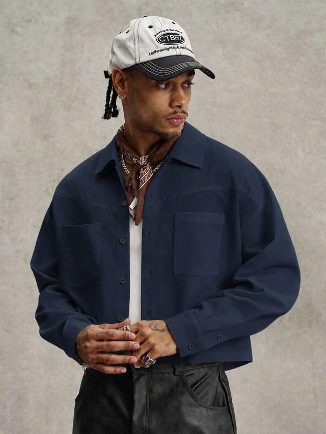 navy blue boxy fit patchwork long sleeve shirt
