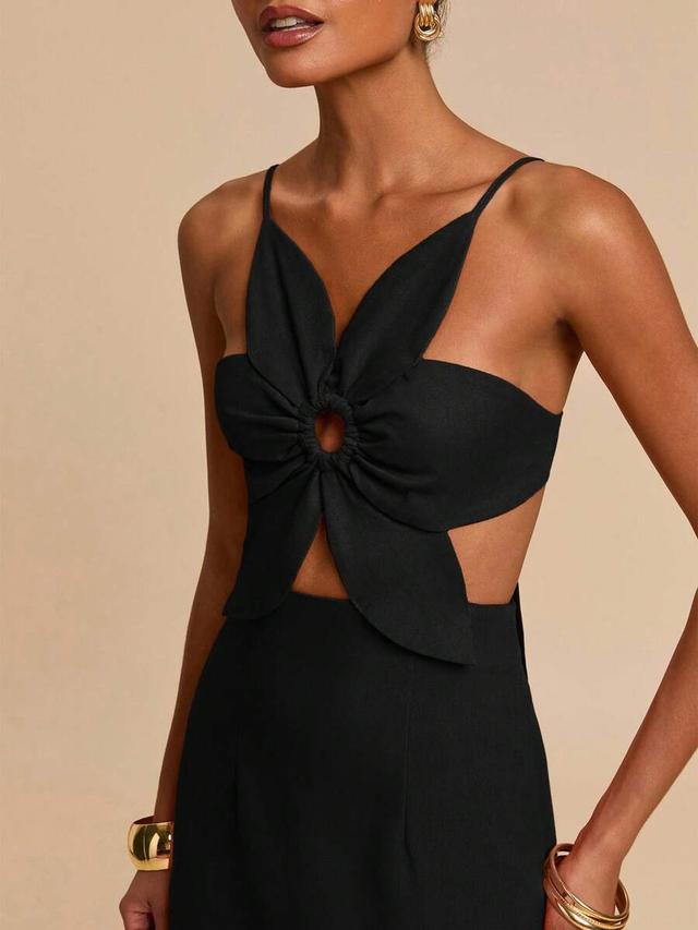 black cutout midi dress with ring detail