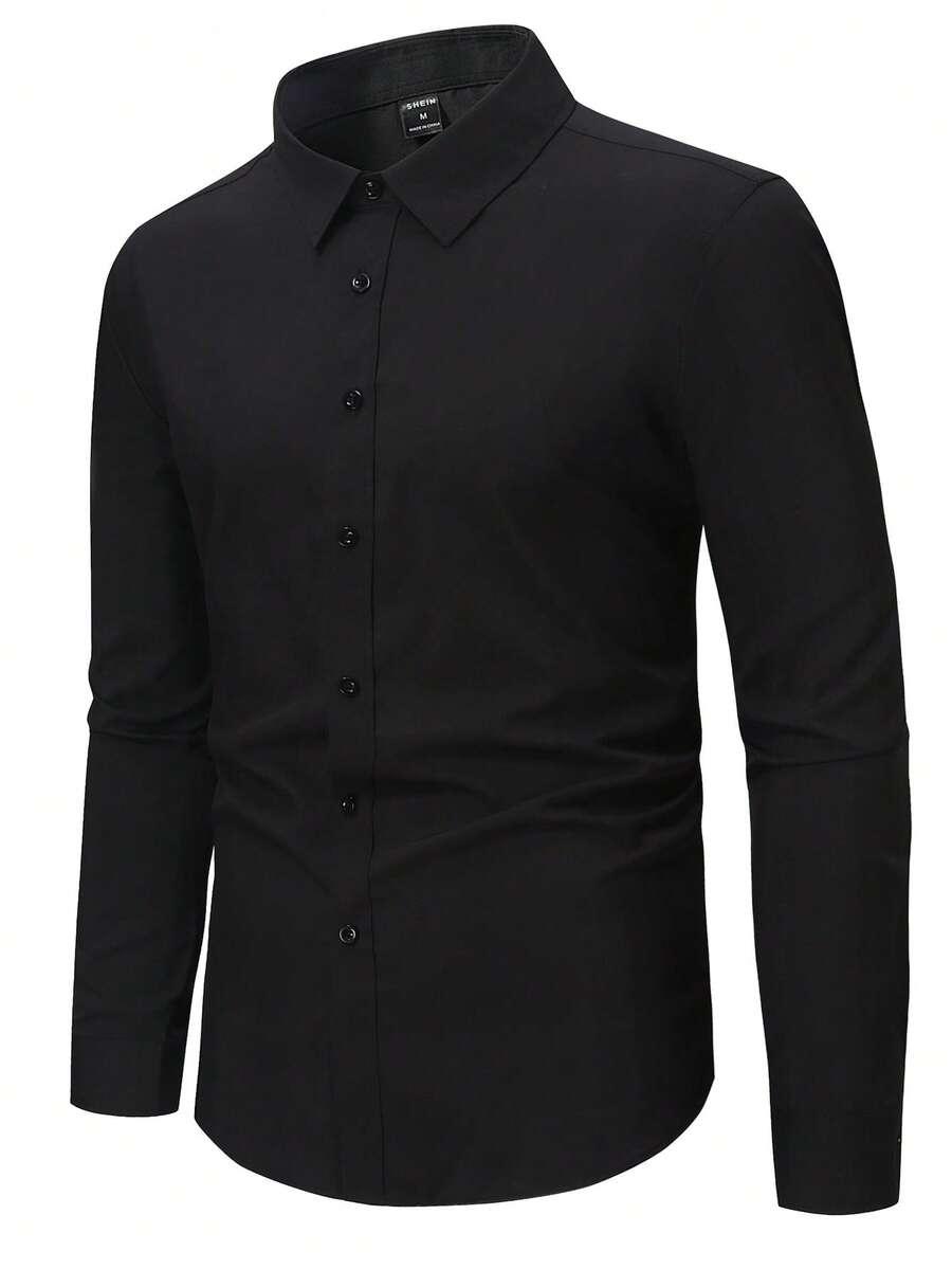 calvornis men's slim fit solid black dress shirt