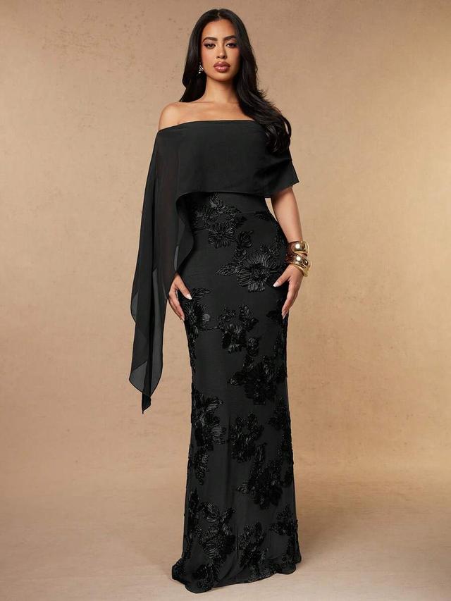 coffee brown off-shoulder chiffon 3d floral mermaid dress