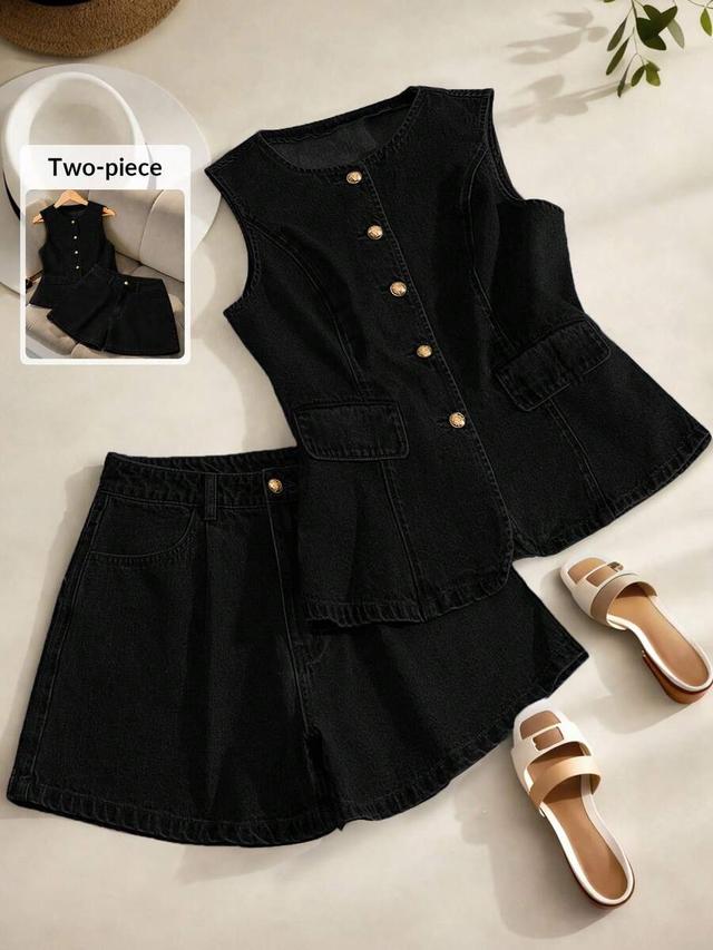 black denim button-up vest and shorts set