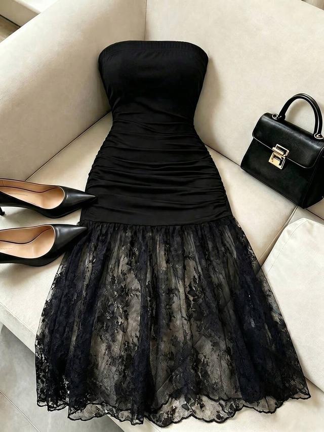 elegant black strapless lace contrast pleated midi dress