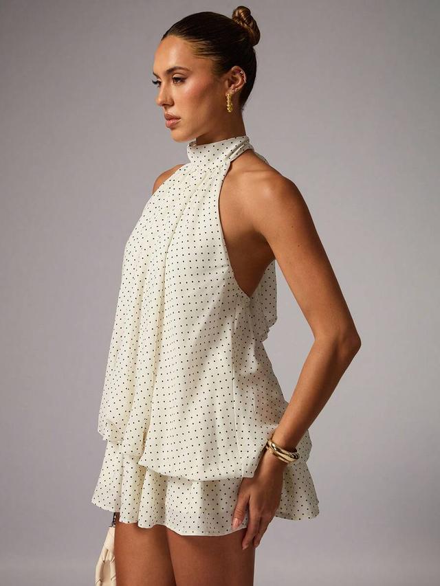 white and black polka dot chiffon halter mini dress