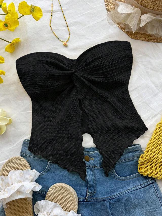 black textured knit twist front cropped cami top
