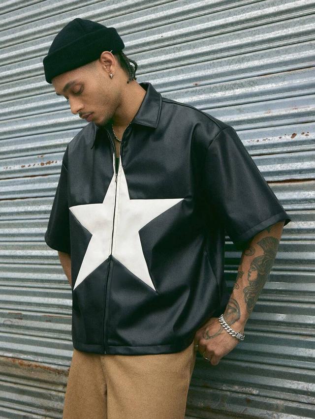 black pu leather front zipper pentagram short sleeve shirt