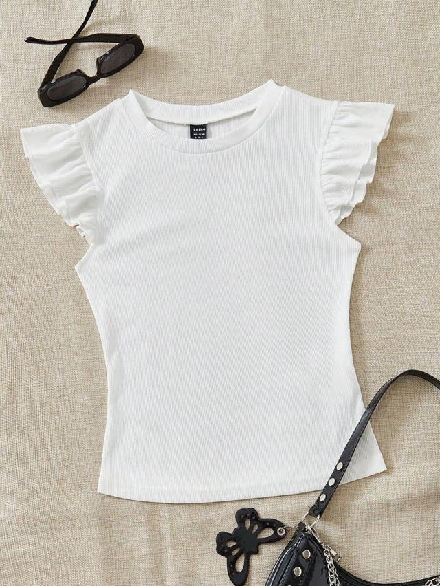 soleia white ribbed knit tee with ruffle trim