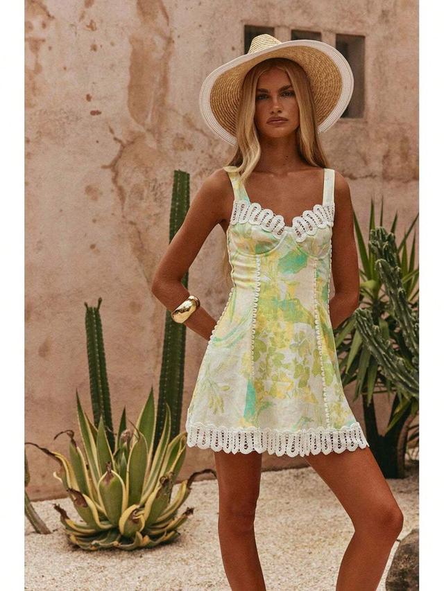 floral print linen mini dress with lace trim