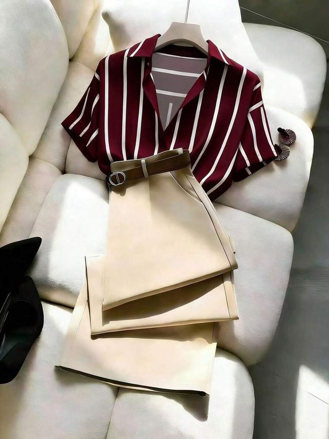 burgundy and white striped short sleeve button-up shirt