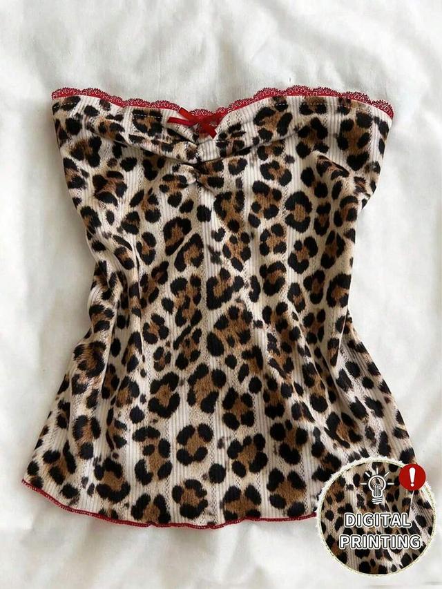 leopard print ribbed strapless bandeau with red lace trim