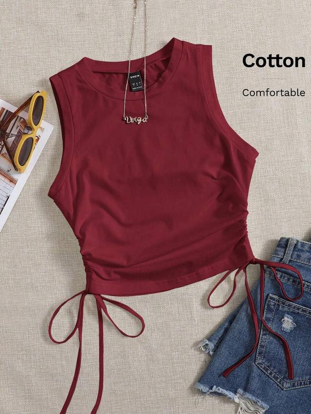 brown round neck drawstring ruched side crop tank