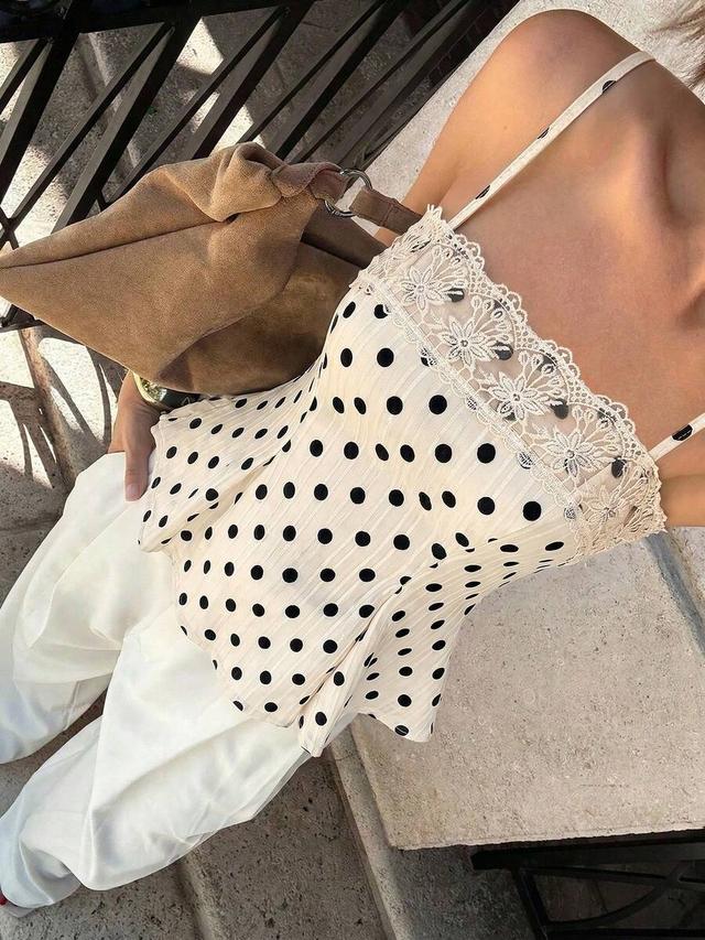 polka dot lace trim peplum cami top