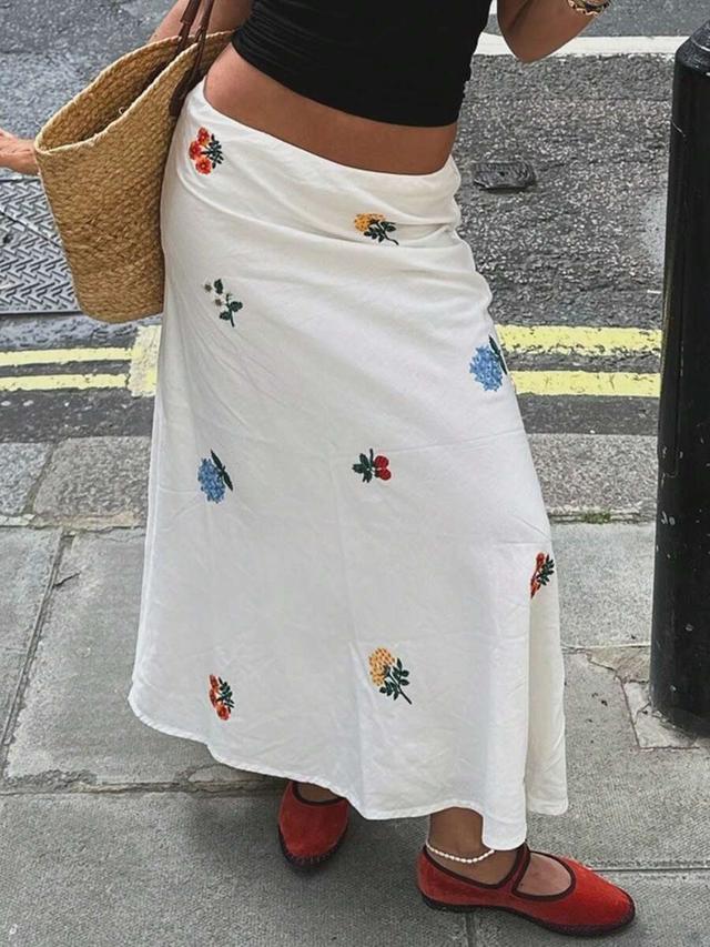 white floral embroidered low-waist a-line long skirt