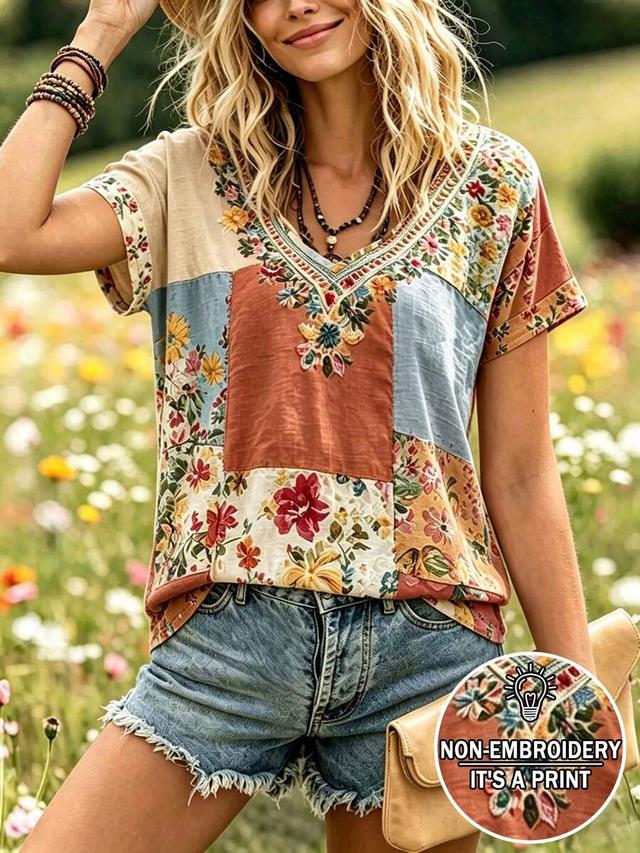 selamara bohemian pink and brown floral patchwork v-neck top