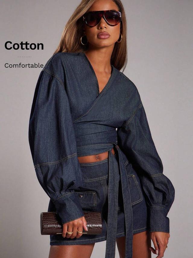 dark wash denim wrap blouse with balloon sleeves