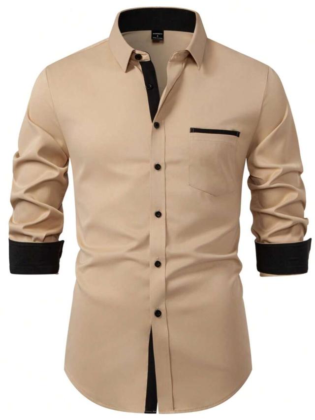 beige contrast color patchwork formal long sleeve shirt